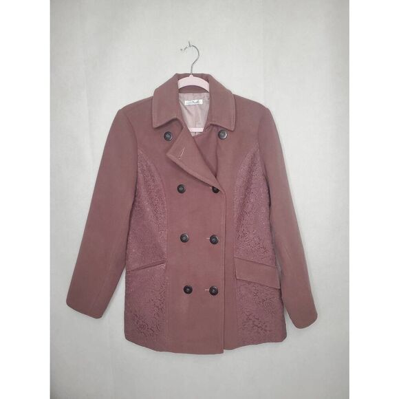Simply Noelle Double Breasted Soft Cocoa Mauve Lace Embellished Peacoat - Picture 1 of 12
